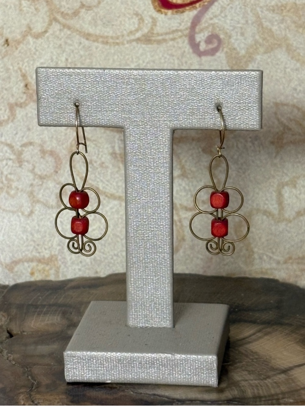 Brass Wire Wrapped Red Beaded Earrings